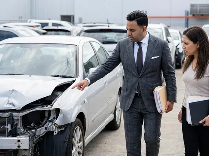 Car accident lawyer inspecting damaged vehicle after a crash