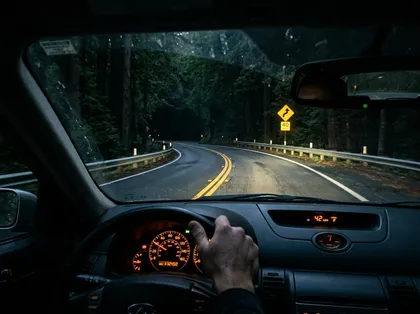 Car interior view of a driver approaching a winding road curve in a forest, with a yellow curve warning sign
