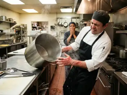 Chef burned by hot water in a kitchen