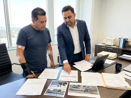 Consulta legal sobre lesiones personales imagen de un abogado explicándole a un cliente los documentos de una demanda por accidente