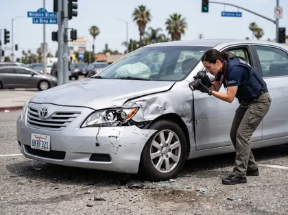 Crash investigator photographs a wrecked Toyota at a busy intersection in California