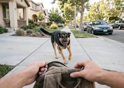 Dog attack victim facing an aggressive dog while walking in California