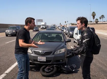 Driver and motorcyclist discussing fault after a California lane-splitting accident