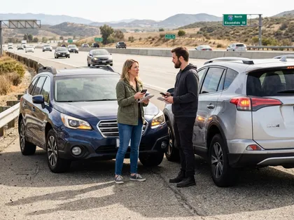 Drivers discussing details after a car accident on highway