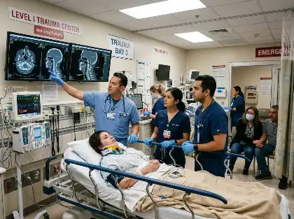 El equipo de traumatología evalúa a un paciente con lesiones en la cabeza y el cuello en la sala de urgencias de un centro de traumatología de nivel