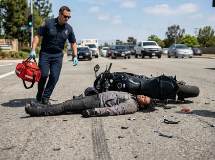 Emergency responder carrying a medical bag toward an injured motorcycle rider lying beside a fallen motorcycle