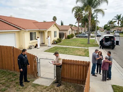 Escena de una investigación por una muerte en una vivienda unos técnicos forenses están fotografiando la casa mientras la policía acordonó la propiedad