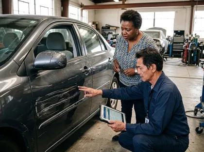 Evaluación de daños en un coche en la que se ve a un técnico de automoción examinando los daños causados por un choque y anotando los detalles de la reparación
