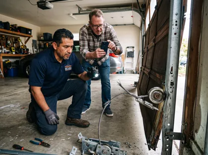 Garage maintenance specialist investigates cable failure and damaged door hardware