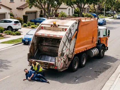 Garbage truck accident scene with a safety-vested worker helping a woman on the pavement