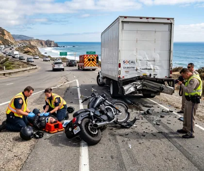 Grave accidente entre un camión y una motocicleta en el condado de Orange, en el que la policía y los paramédicos prestan asistencia al motociclista herido en una autopista cercana a la costa