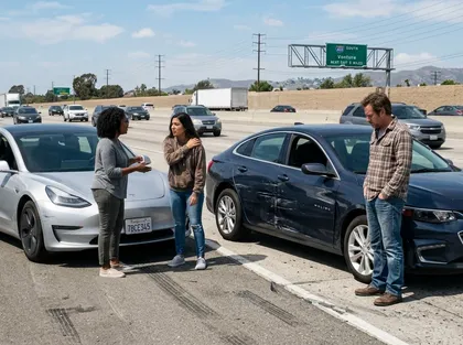 Imágenes tras un pequeño accidente en la carretera en las que se ve un coche eléctrico blanco y un sedán azul con daños en el lateral