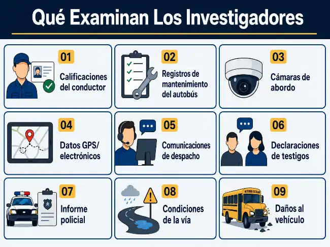 Infografía que muestra las pruebas que examinan los investigadores tras un accidente de autobús escolar