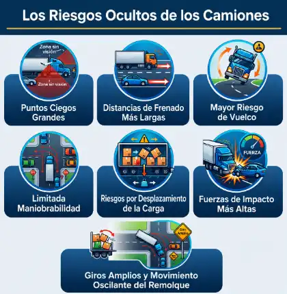 Infografía sobre la prevención de accidentes de camiones que muestra los siete peligros ocultos de los camiones grandes