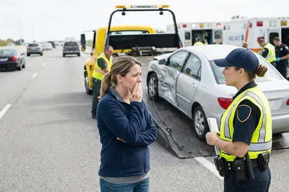 Injured driver speaking with an officer after a crash on a high-risk California freeway