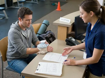 Injured man holds an ice pack on his wrapped wrist while a fitness center receptionist explains incident report paperwork