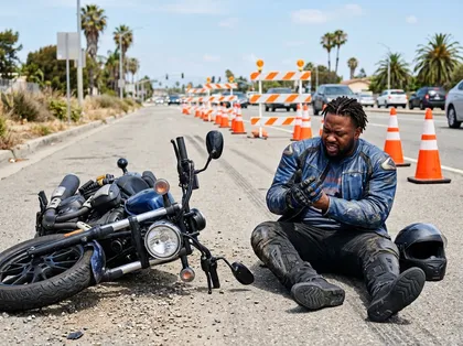 Injured motorcycle rider seated on asphalt next to a crashed motorcycle in a road construction zone