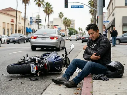 Injured motorcyclist holding his arm beside a fallen motorcycle after a traffic accident