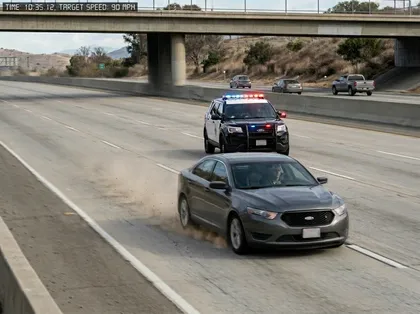 La policía persigue con un todoterreno a un coche gris que circula a gran velocidad por debajo de un paso elevado de la autopista
