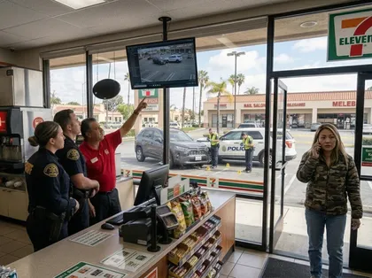 La policía revisa las imágenes de las cámaras de seguridad de una tienda de conveniencia durante una investigación por lesiones personales