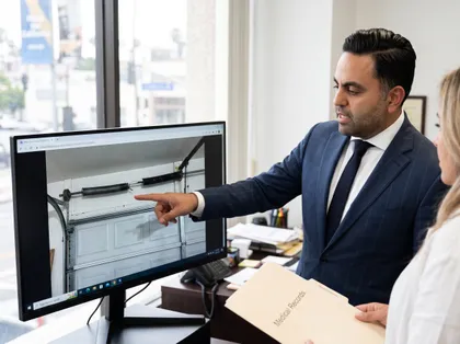 Lawyer points to damaged garage door hardware on a computer monitor during a client consultation