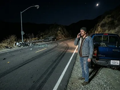 Man calling for help beside a blue pickup truck after a nighttime car crash on a winding mountain road