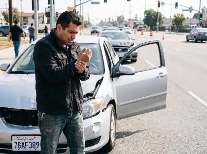 Man holding his injured wrist beside a damaged car after a traffic accident in California