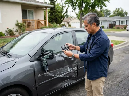 Man photographing vehicle damage after an accident