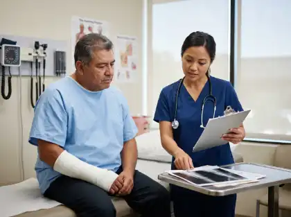 Man with a bandaged arm receiving a medical evaluation