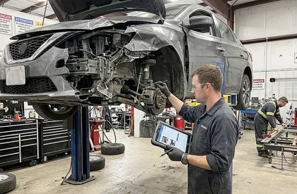 Mechanic inspecting a defective vehicle that may share fault in a head-on collision