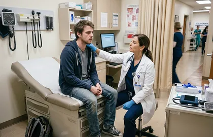 Médico que evalúa lesiones y daños tras un choque al dar la vuelta en U