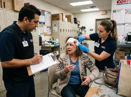 Mujer con una lesión en la cabeza a la que atienden dos empleados de Costco en la sala de descanso