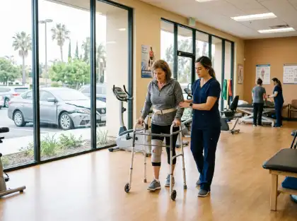 Paciente caminando con un andador durante la rehabilitación con fisioterapia
