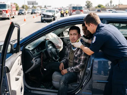 Paramedic treating an injured driver after a car accident