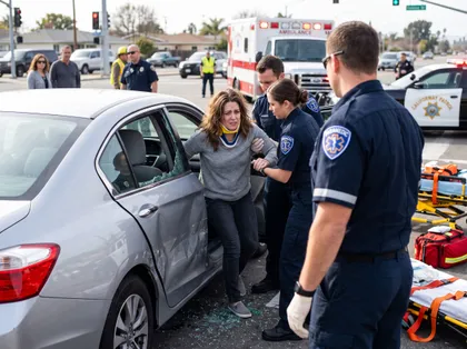 Paramédicos que atienden a un conductor herido tras un accidente de tráfico en California