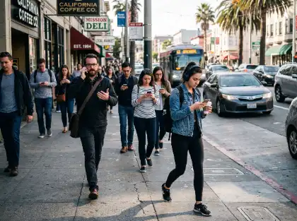 Pedestrians walking along a busy California sidewalk