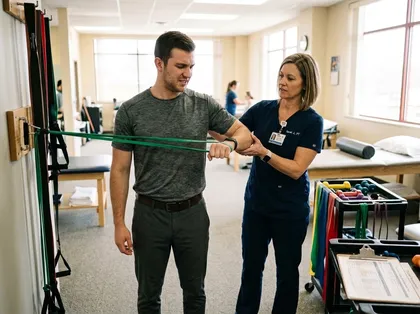 Physical therapist guiding a patient through resistance band exercises during rehabilitation
