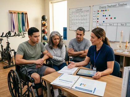 Physical therapy specialist explains a long-term recovery plan to a young man using a wheelchair