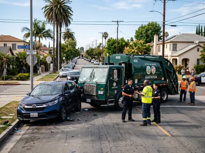 Police and public works employees respond to a municipal garbage truck accident