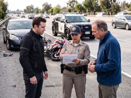 Police officer documents a highway motorcycle accident while two motorists review the crash scene