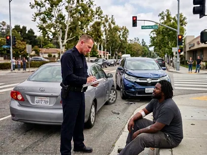 Police officer investigates an Altadena intersection collision as an injured driver sits beside damaged cars