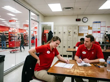 Retail employee reporting a workplace back injury while filling out forms with her supervisor