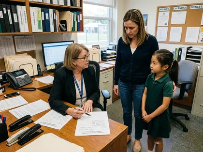 School administrator meeting with a mother and young student in an elementary school office