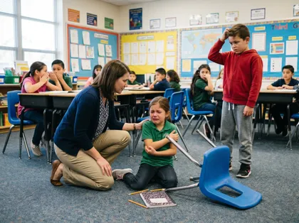Teacher comforting a crying elementary school student on the classroom floor beside an overturned chair