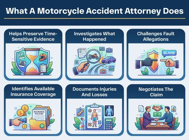 The motorcycle accident attorney services including evidence preservation, investigation, and settlement negotiation