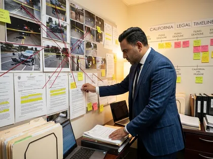 Un abogado examina un panel con los detalles de la investigación de un accidente de tráfico en el que se muestran los vehículos dañados