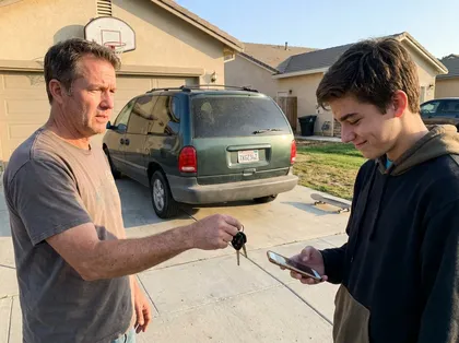 Un adulto le da las llaves del carro a un menor en un barrio de California