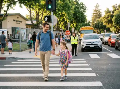 Un adulto y un niño cruzando una calle cerca de un colegio