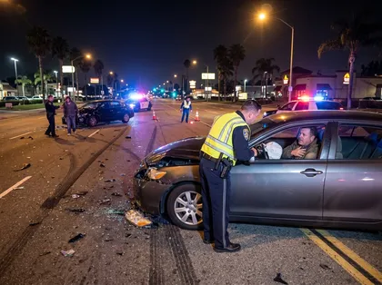 Un agente de policía hablando con un conductor herido junto a un coche accidentado durante la investigación de un accidente de tráfico ocurrido por la noche