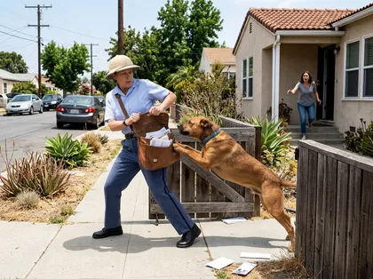 Un cartero se aleja de un perro agresivo que salta la verja del jardín mientras el dueño de la casa sale corriendo